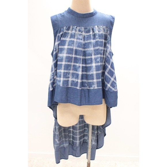 For Her NYC Blouse Top XL High Low Hem Chambray Blue Tie Dyed Plaid Cape-like - Picture 1 of 9